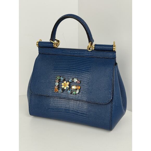 DOLCE & GABBANA Blue Sicily Satchel Top Handle Millenials Crystal Women's Bag - Picture 1 of 16